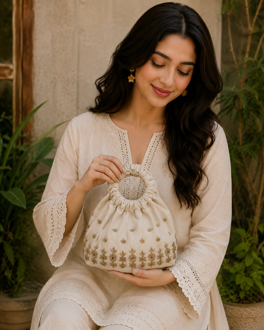 Gold Leaf Embroidered Potli