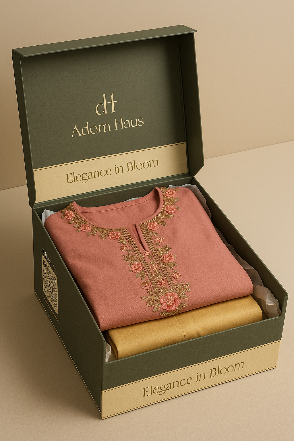 Pink embroidered top and gold pants in a 'Ah Adorn Haus' box on a beige background