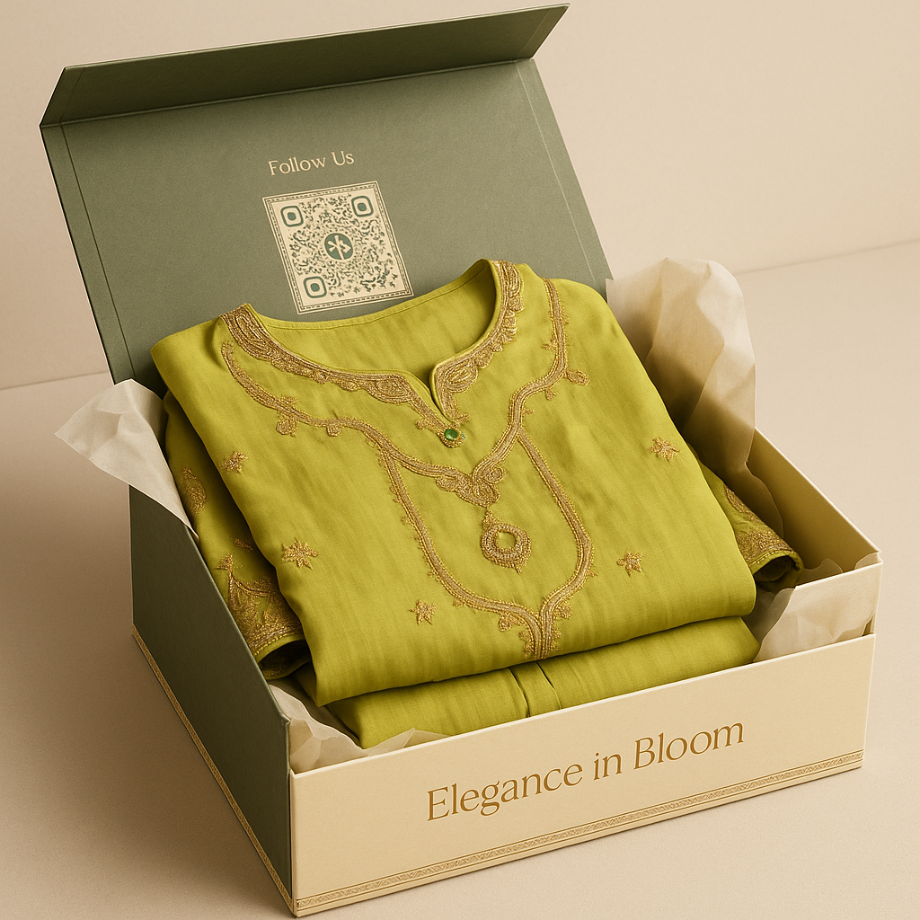 Green embroidered garment in a 'Elegance in Bloom' box on a beige background
