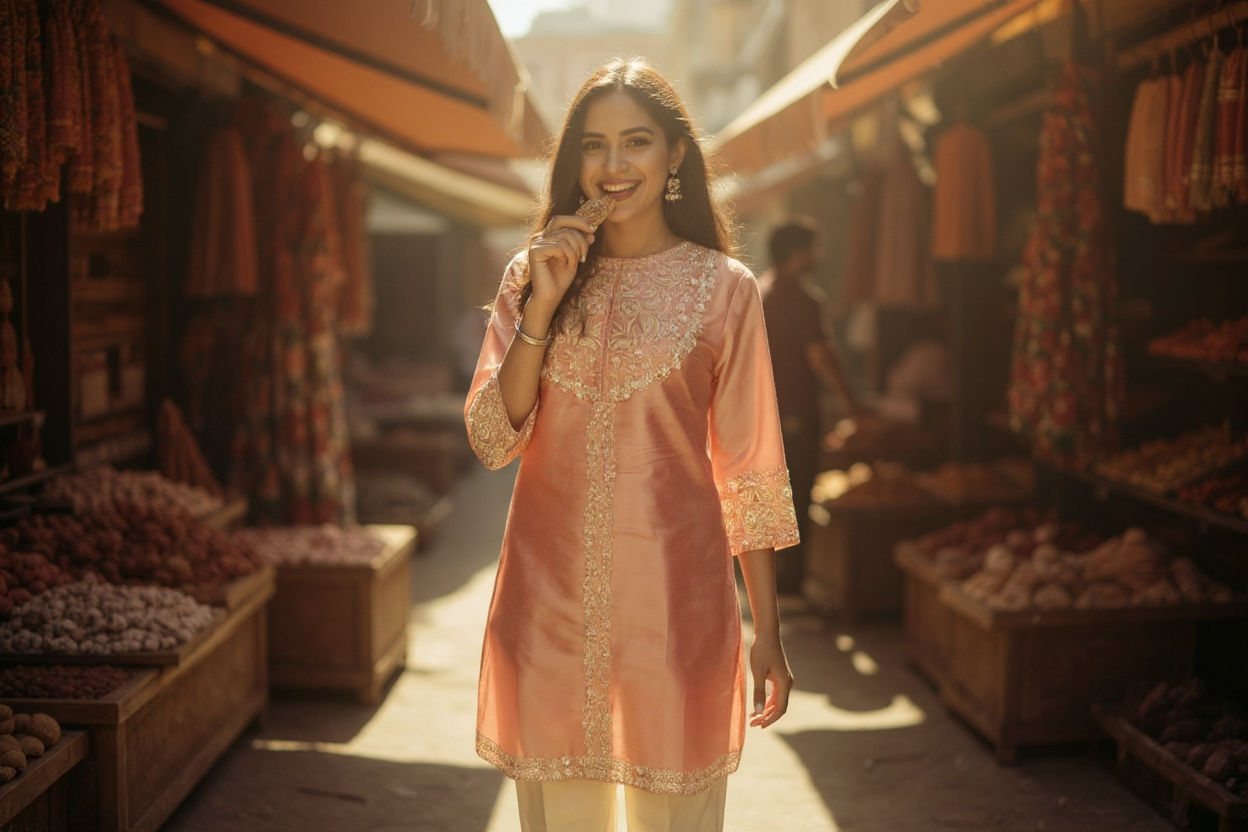 Terracotta Glow Silk-Blend Embroidered Kurta
