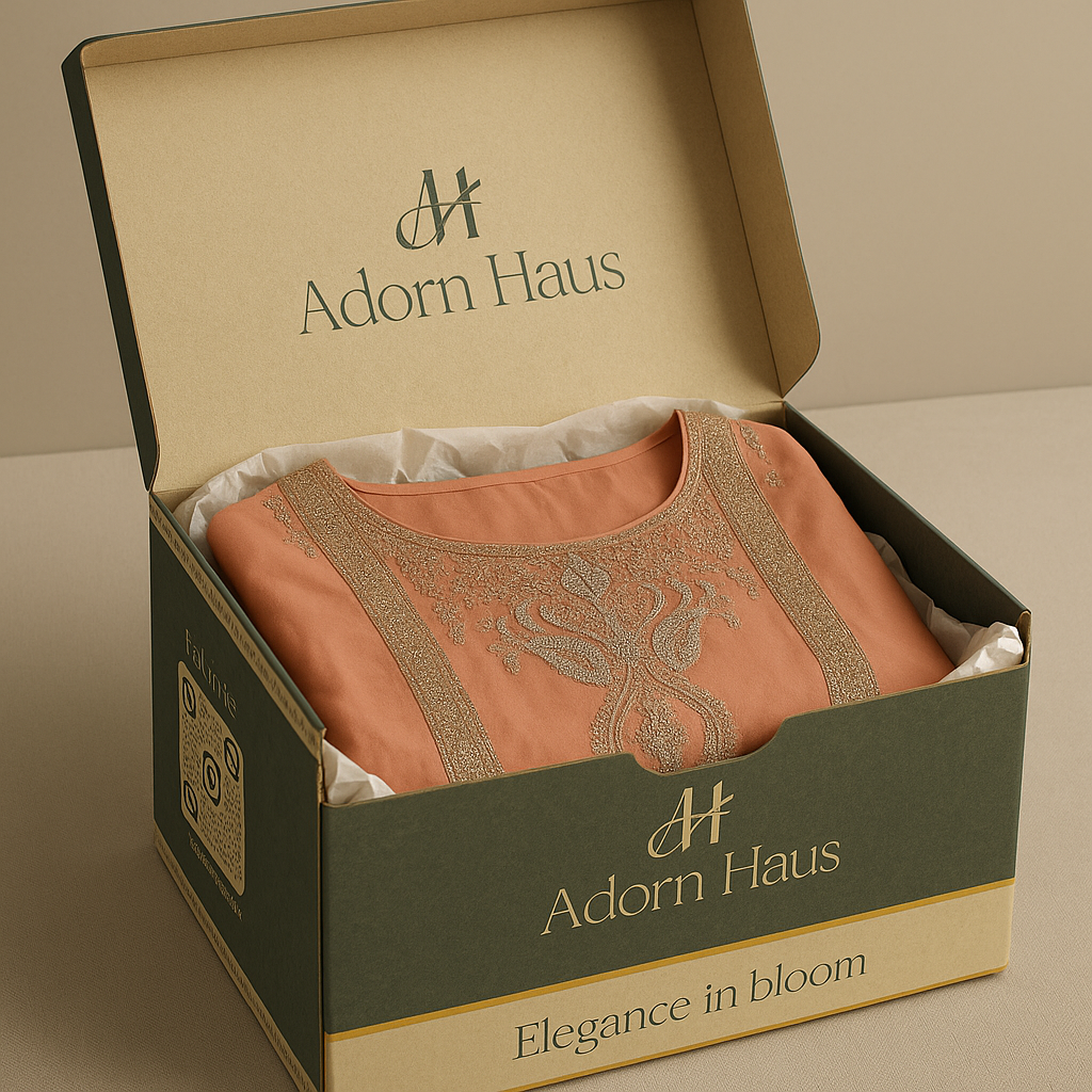 Embroidered garment in a 'Adorn Haus' box on a beige background