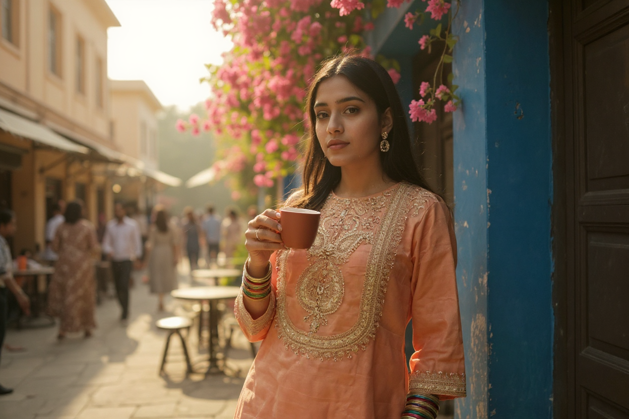 Terracotta Glow Silk-Blend Embroidered Kurta