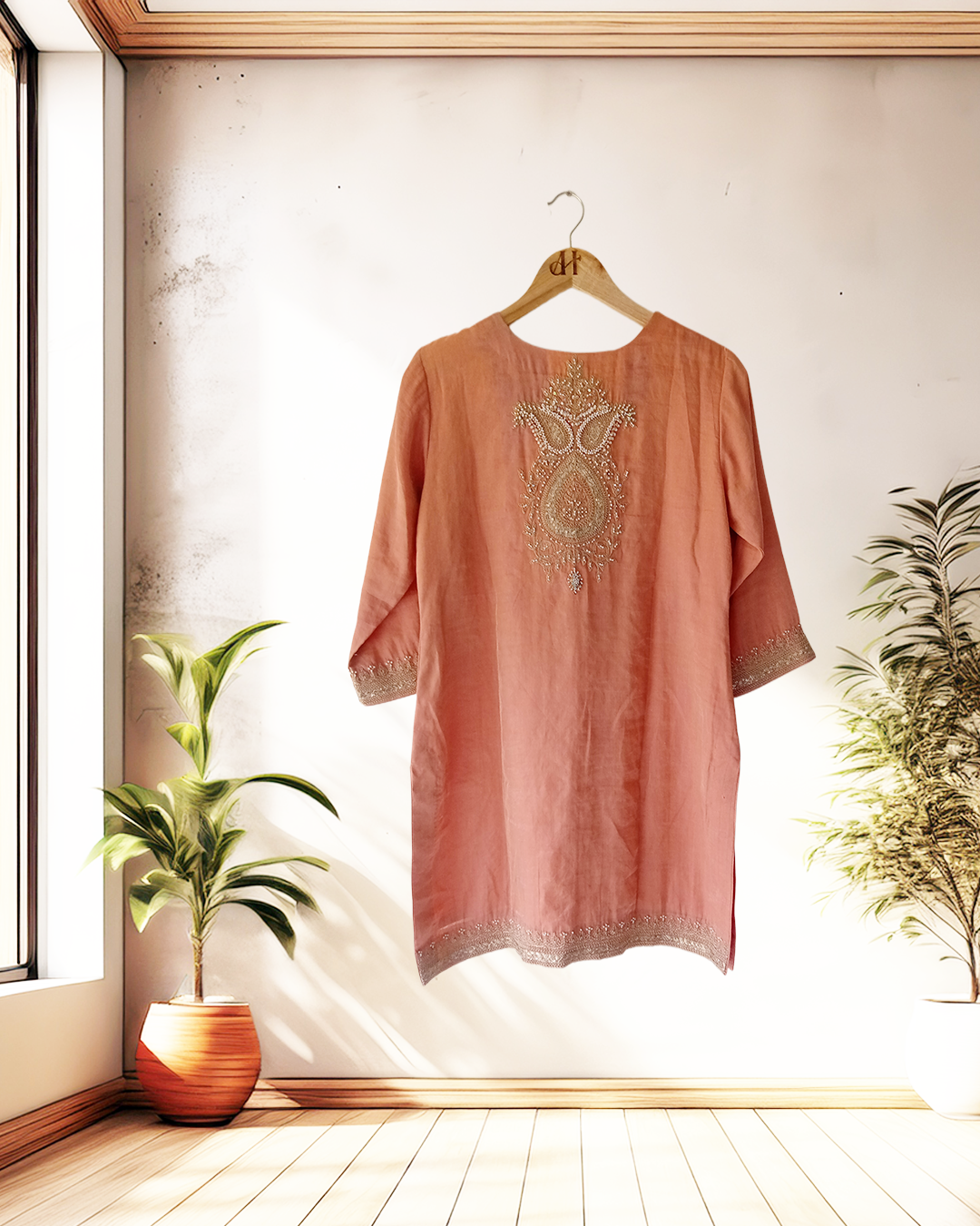 Terracotta Glow Silk-Blend Embroidered Kurta