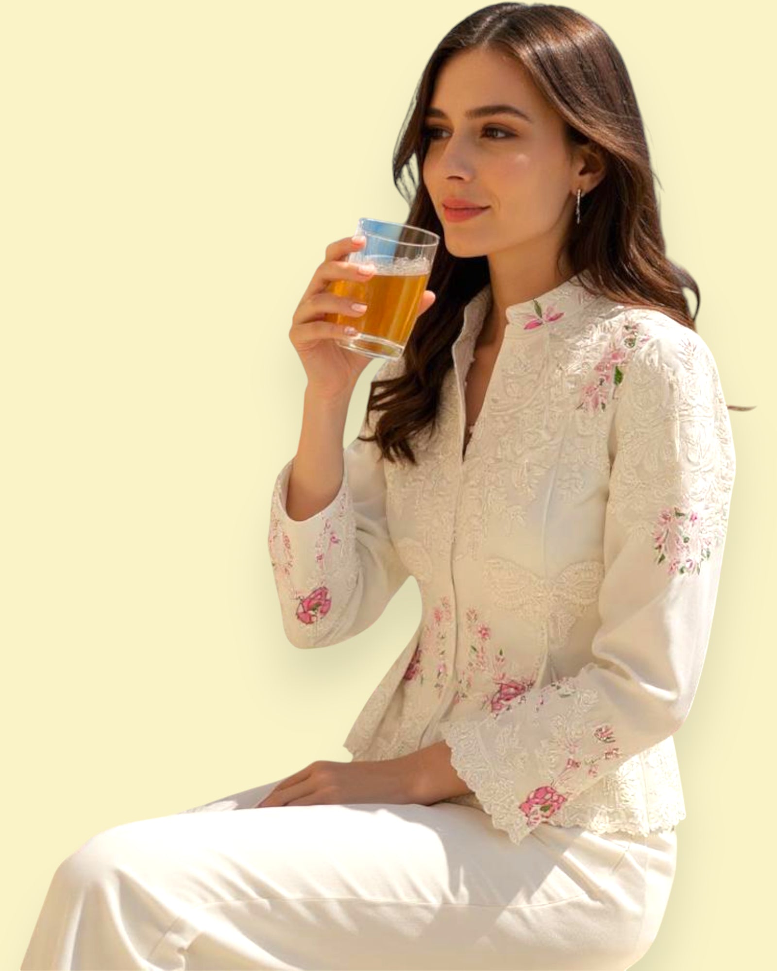 Woman in a white embroidered outfit holding a glass of tea against a light yellow background