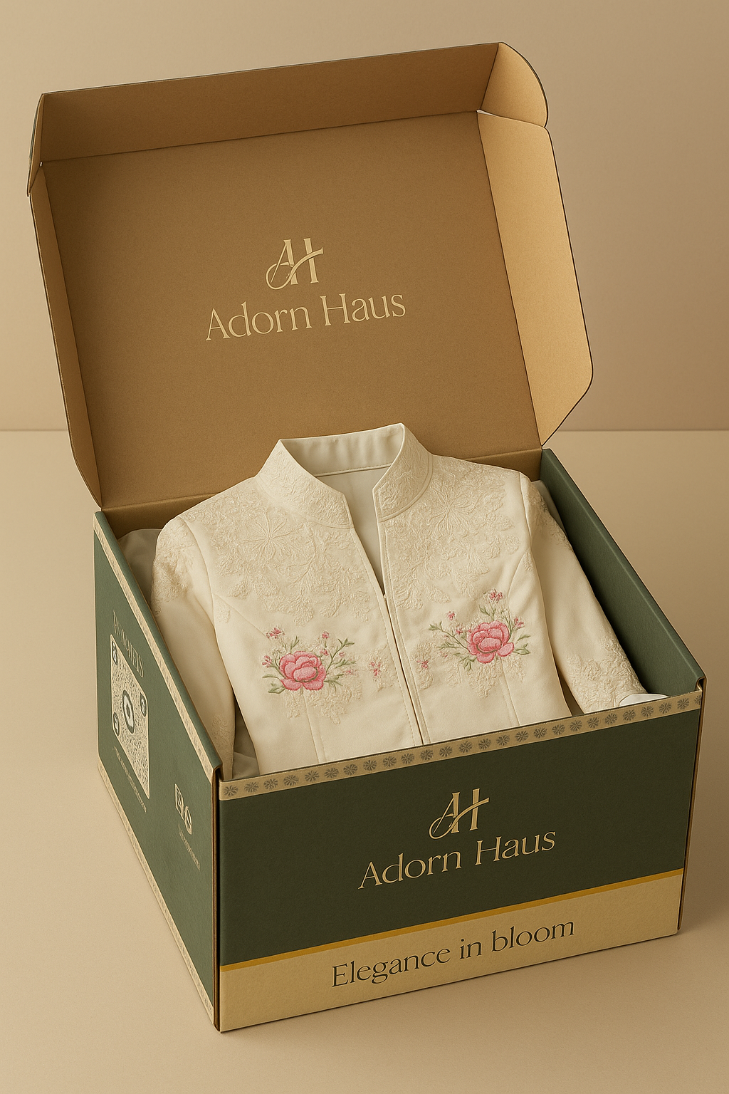 Embroidered garment in a 'Adorn Haus' box on a beige background