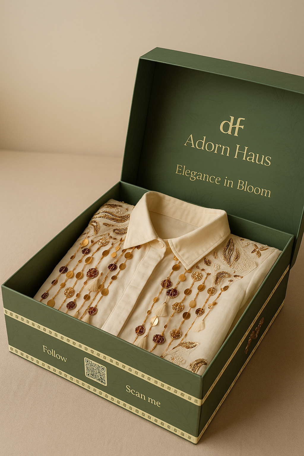 Embroidered shirt in a green box with 'Adorn Haus' branding on a beige background