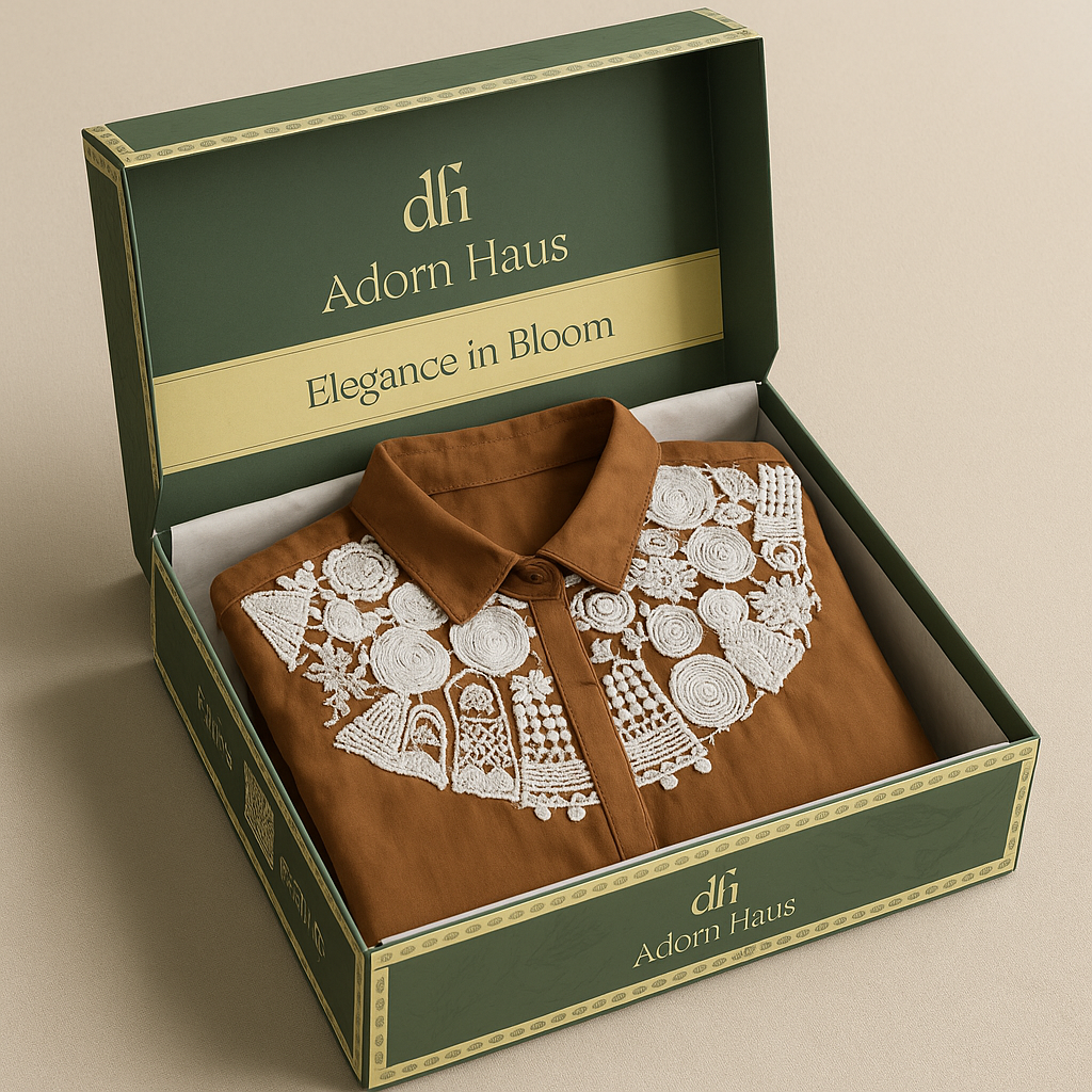 Brown shirt with white Embroidery details in a 'Adorn Haus' box on a beige background
