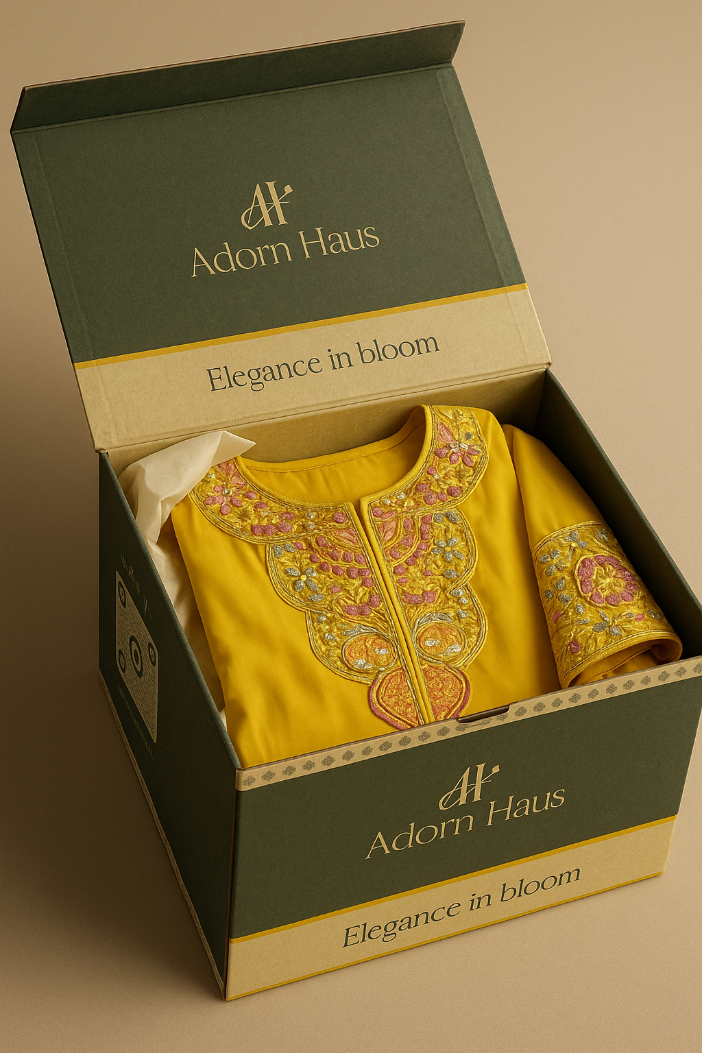Yellow embroidered garment in a 'Adorn Haus' box on a beige background
