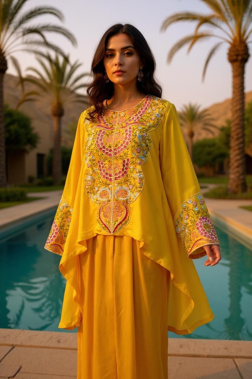 Mustard Mehndi Embroidered Top Set