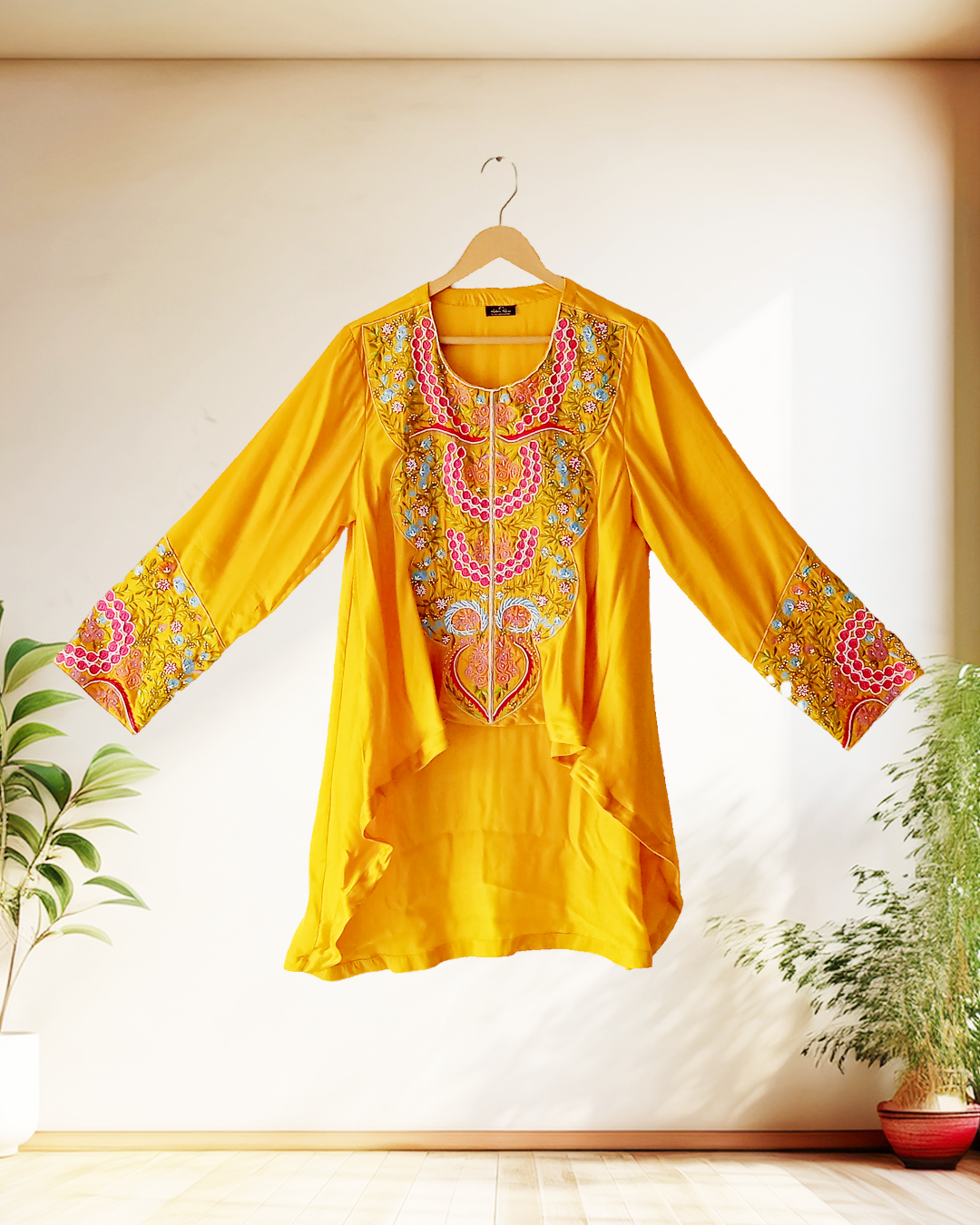 Mustard Mehndi Embroidered Top Set