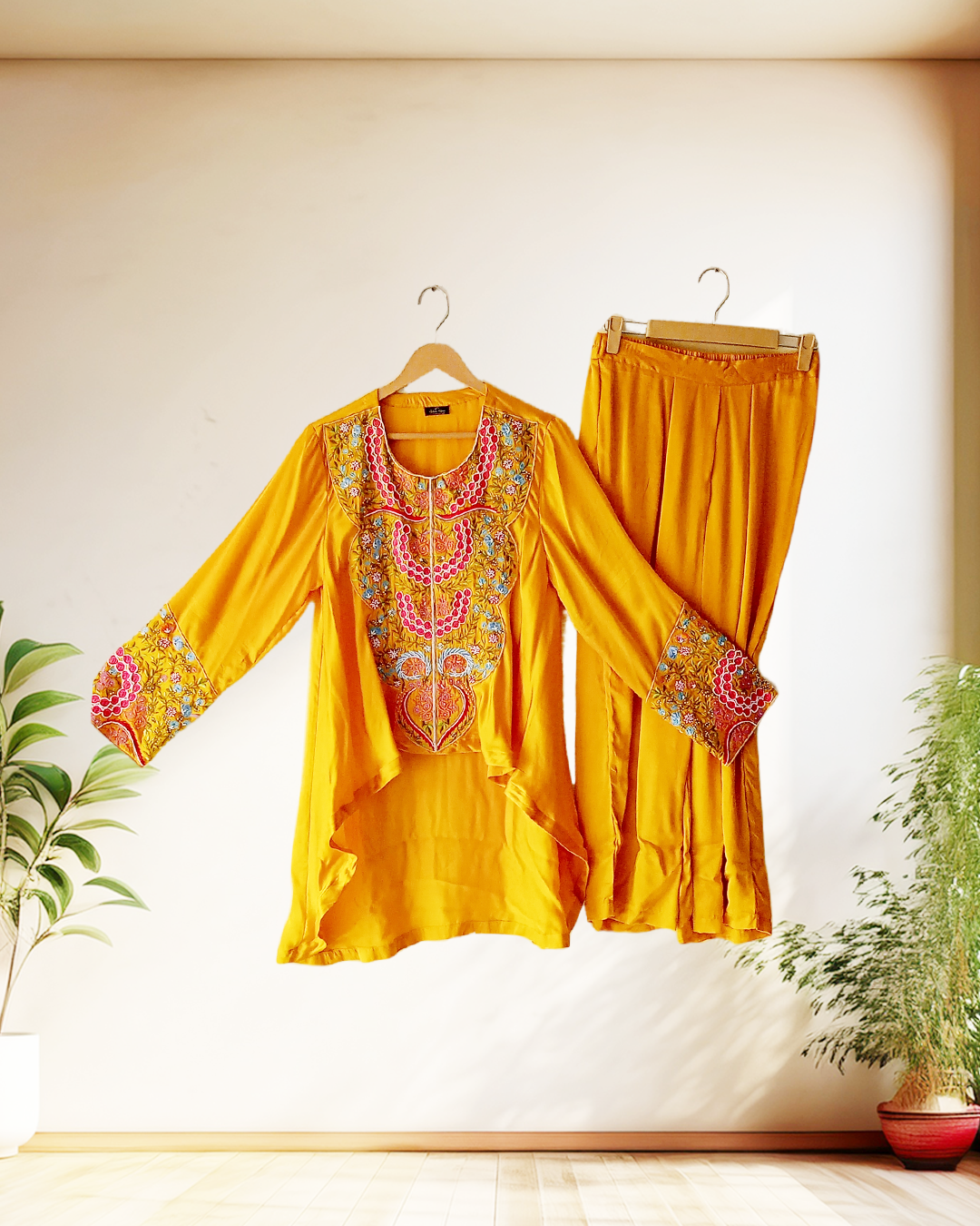 Mustard Mehndi Embroidered Top Set