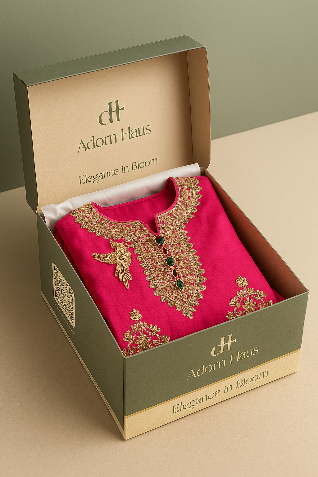 Embroidered pink garment in a 'Adorn Haus' box on a beige background