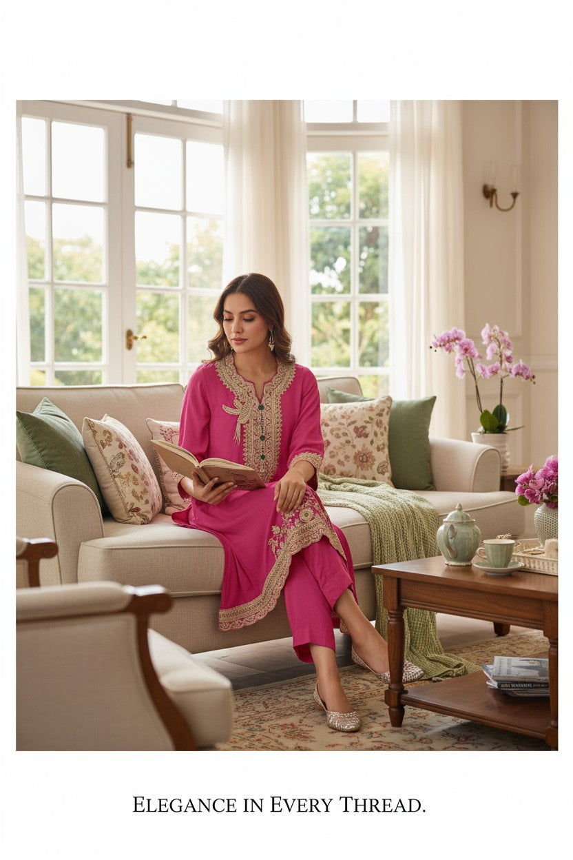 Fuchsia Festive High-Low Embroidered Kurta