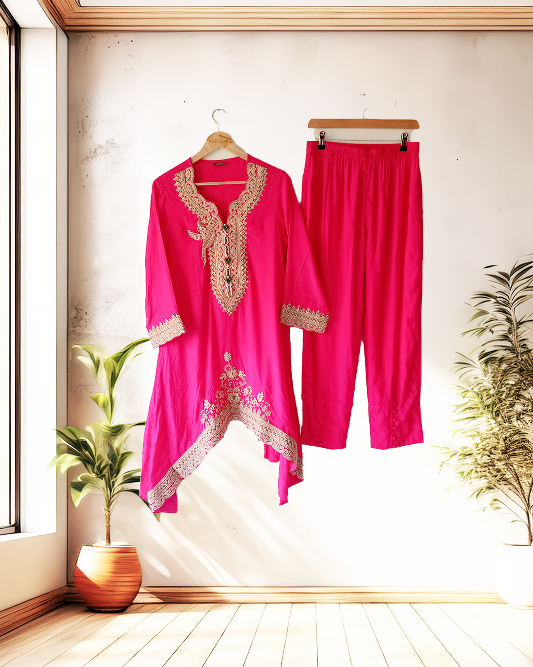 Fuchsia Festive High-Low Embroidered Kurta
