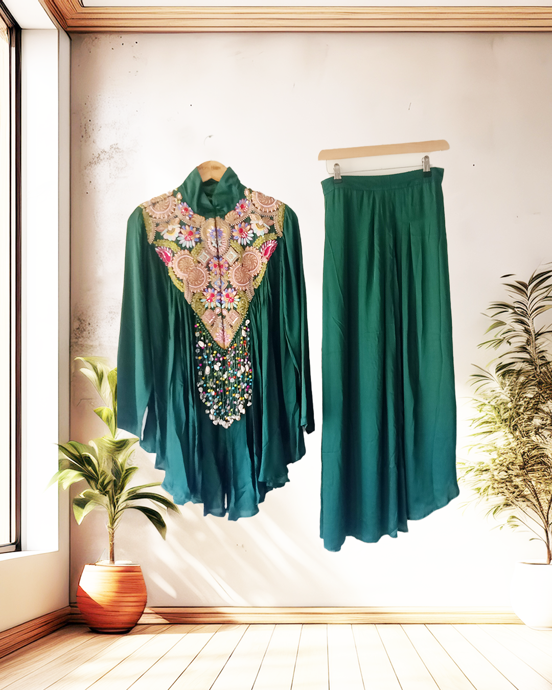 Emerald Heritage Embroidered Cape Set