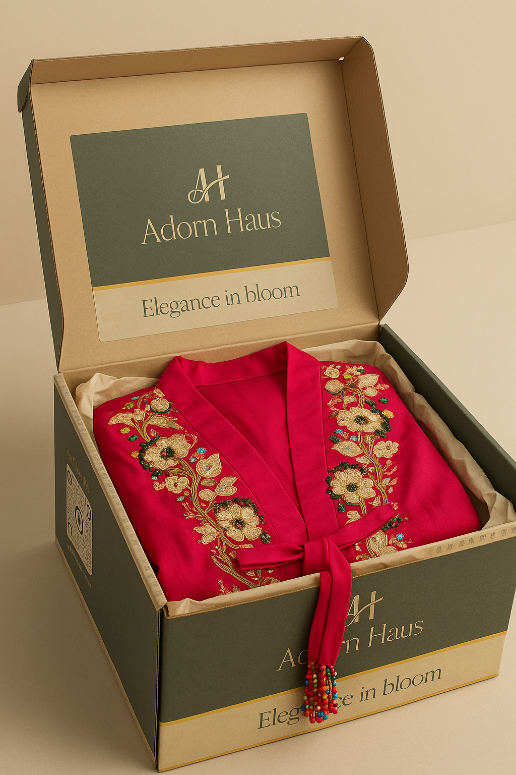 Red embroidered garment in a box with Adorn Haus branding