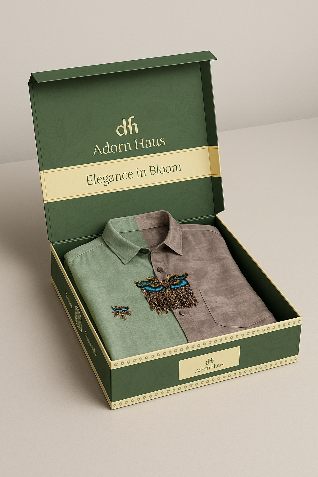 embroidered shirts in a green box with 'Adorn Haus' branding.