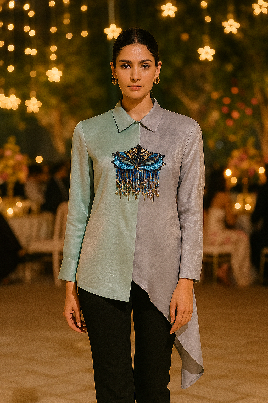 Blue Masquerade Mask Beaded Shirt