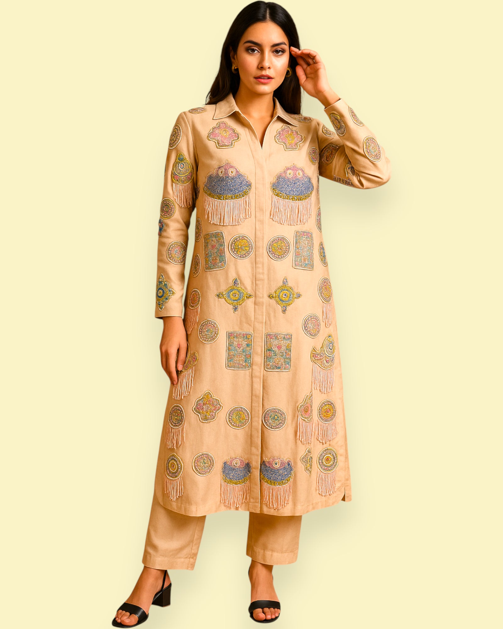 Woman wearing a beige embroidered kurta with pants on a light yellow background