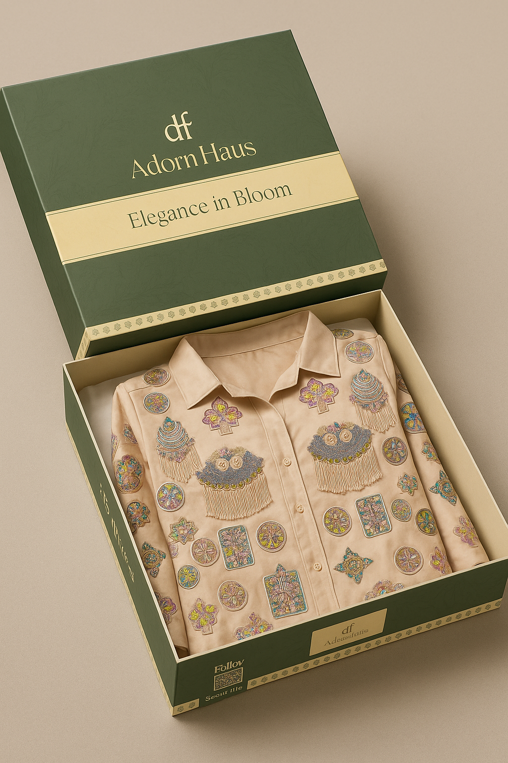Beige shirt with floral patterns in a green box labeled 'Adorn Haus'.