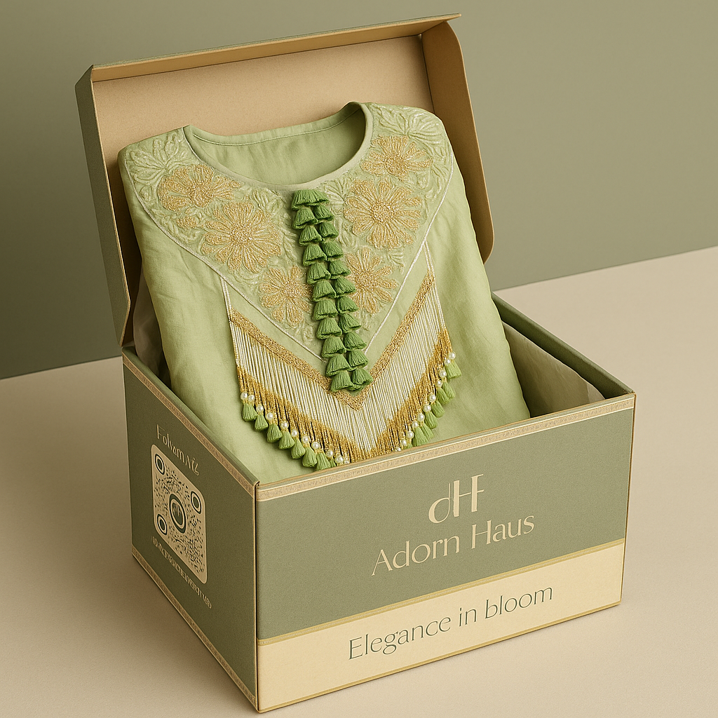 Green embroidered garment in a 'aH Adorn Haus' box on a beige background