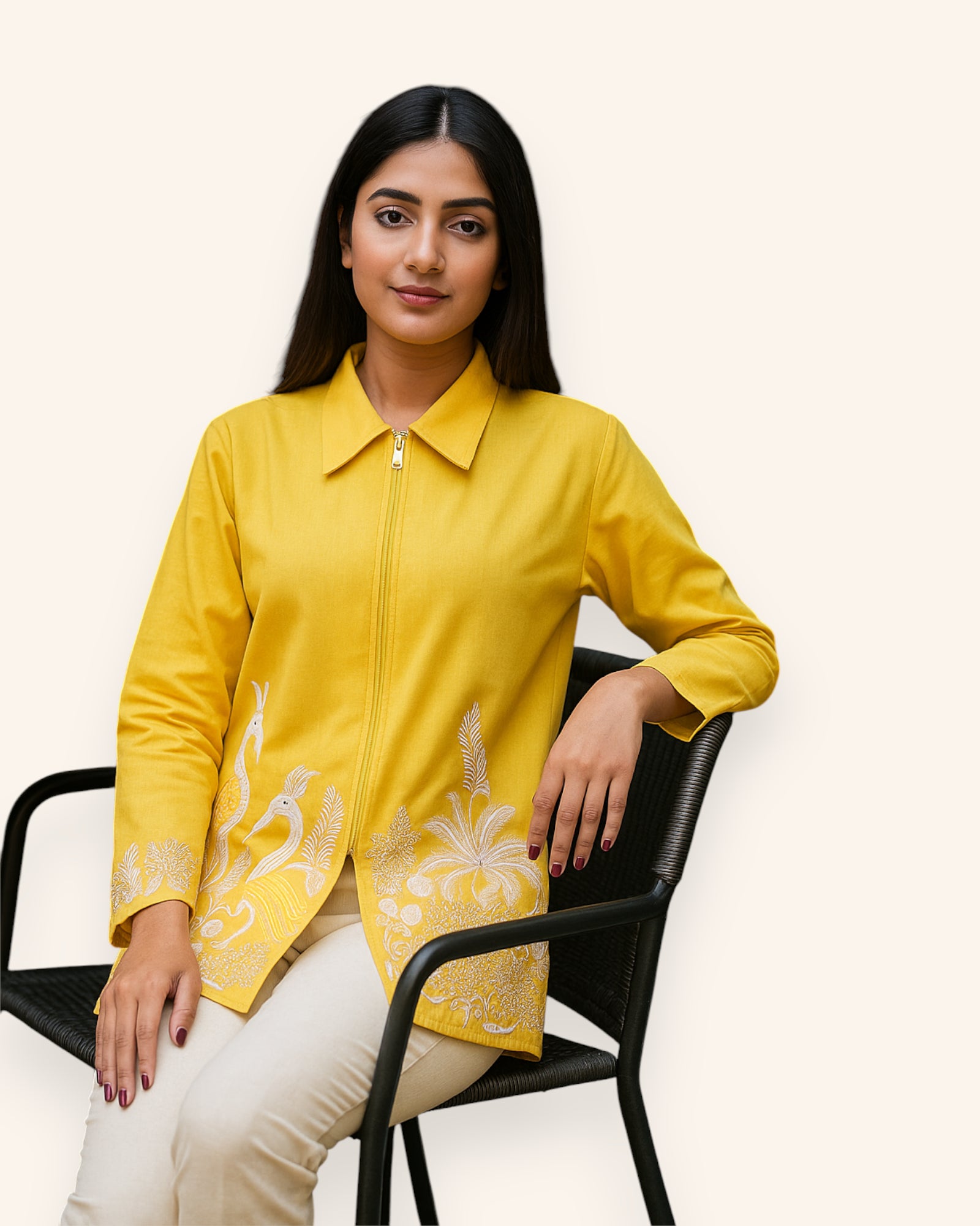 Woman wearing a yellow embroidered shirt sitting on a black chair against a white background