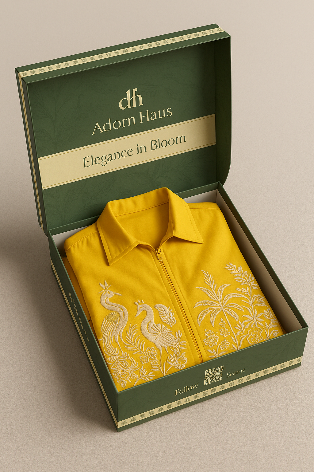 Yellow shirt with floral patterns in a 'Adorn Haus' box