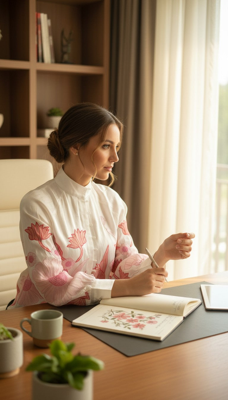Statement floral embroidered sheer Top with contemporary silhouette