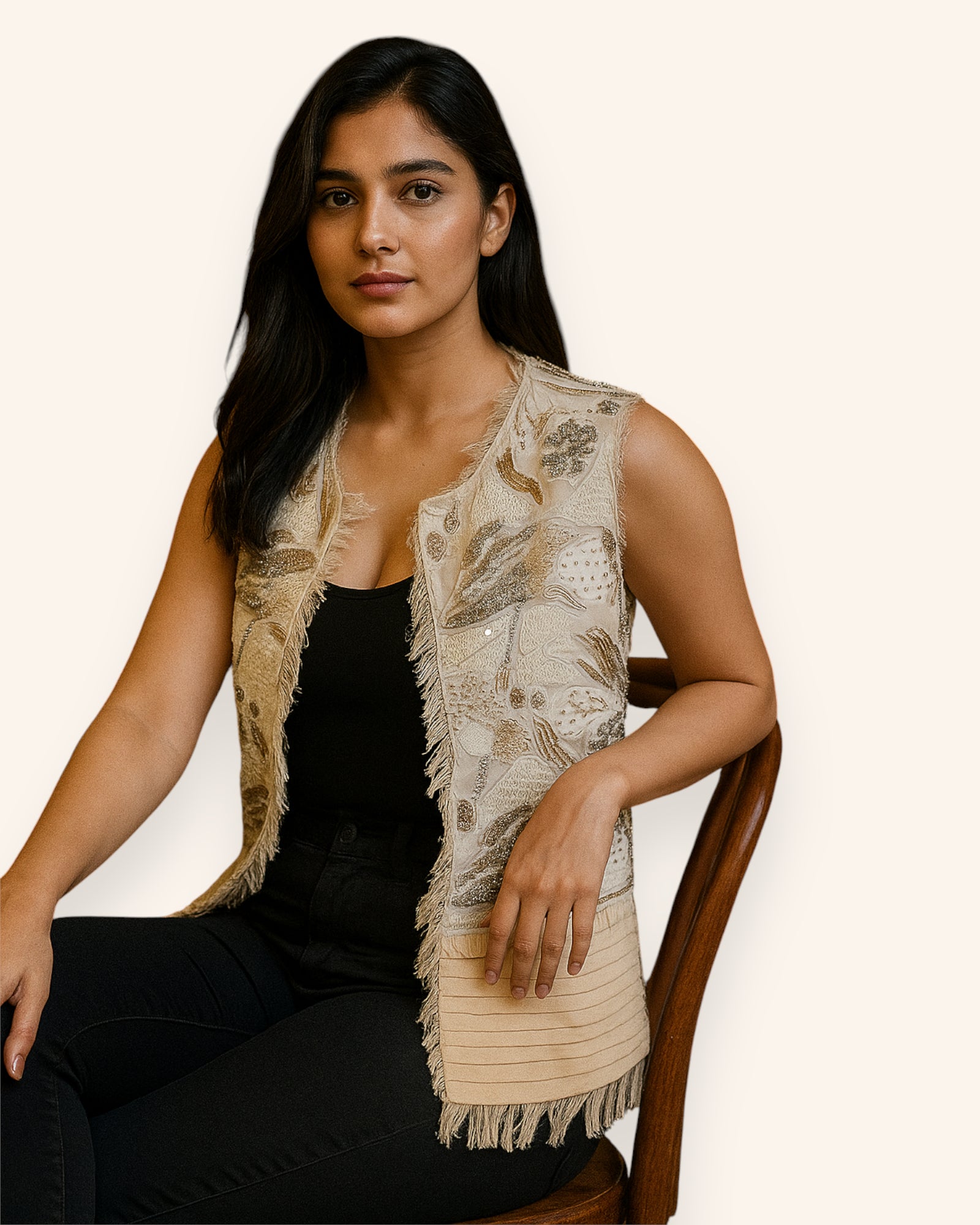 Woman wearing a Embroidery beige vest over a black top, sitting on a chair.