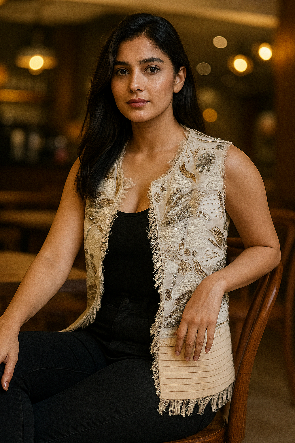 Beige Fringe Embroidered Vest