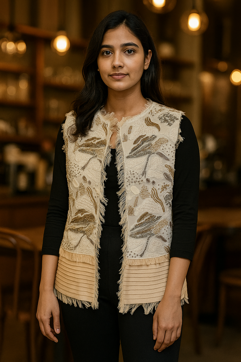Beige Fringe Embroidered Vest