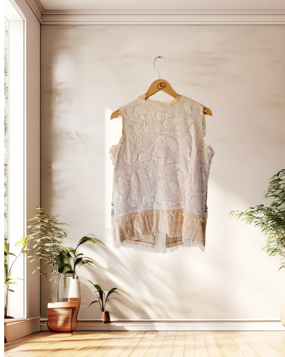 Beige Fringe Embroidered Vest