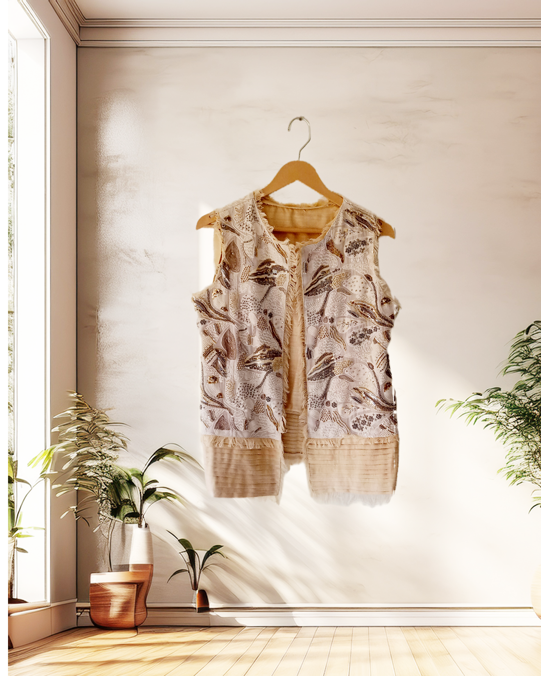 Beige Fringe Embroidered Vest