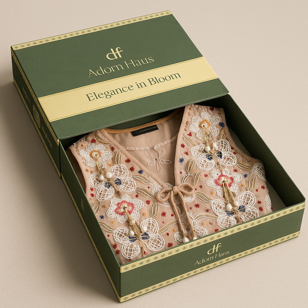 Embroidered garment in a 'Adorn Haus' box on a beige background