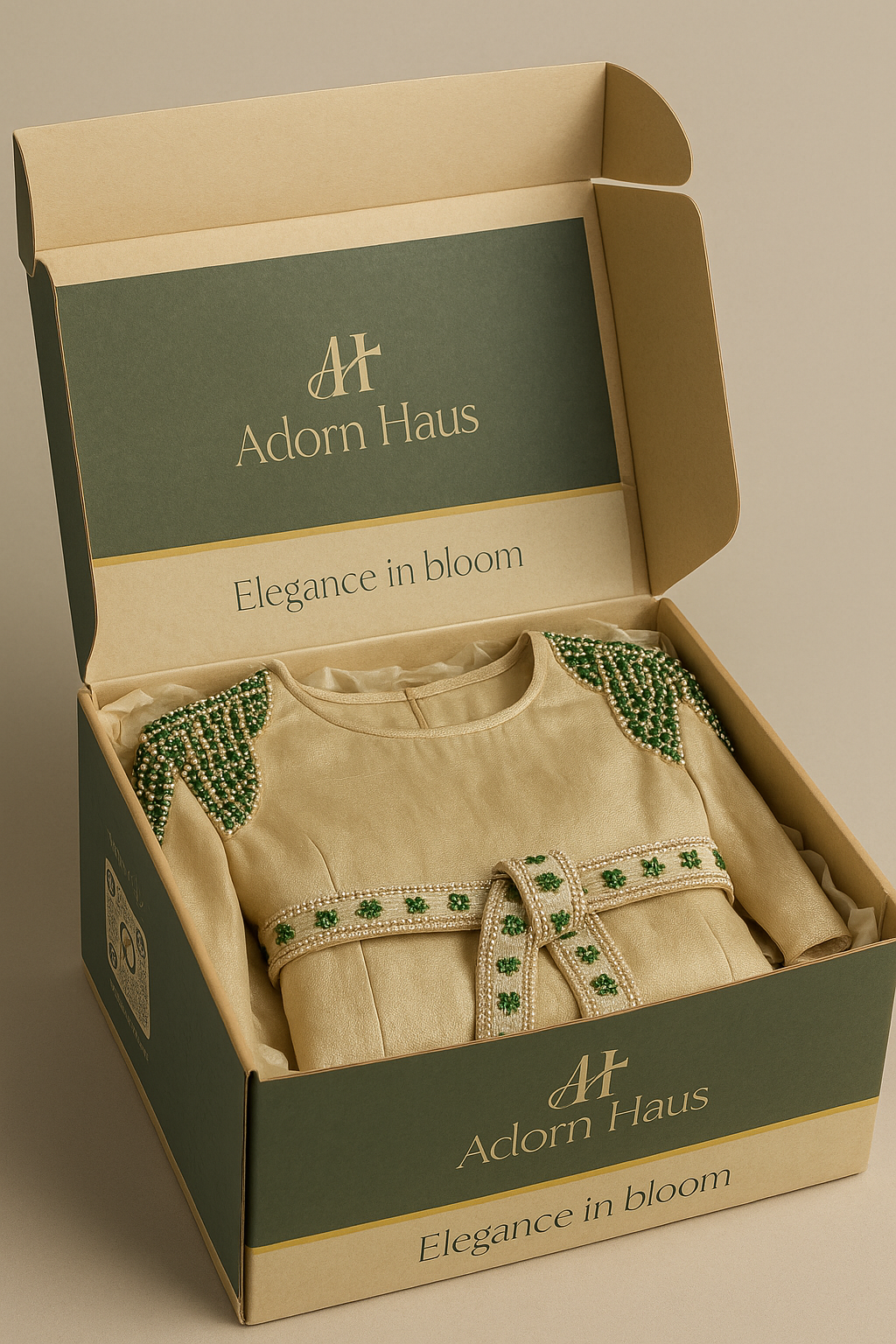 Open box of Adorn Haus with a garment inside on a beige background
