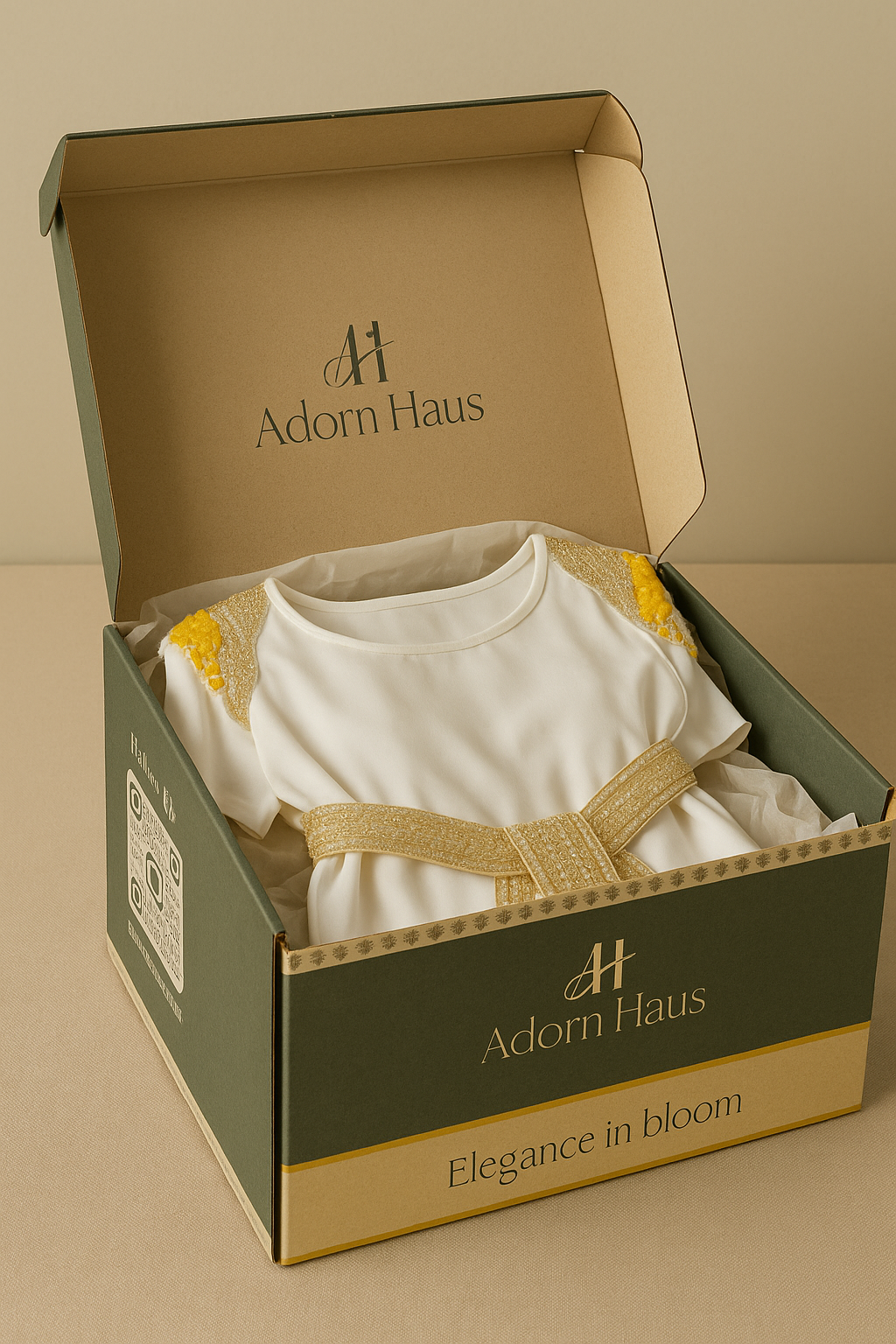 Open box with a white garment and beige belt, branded 'Adorn Haus' on a beige background