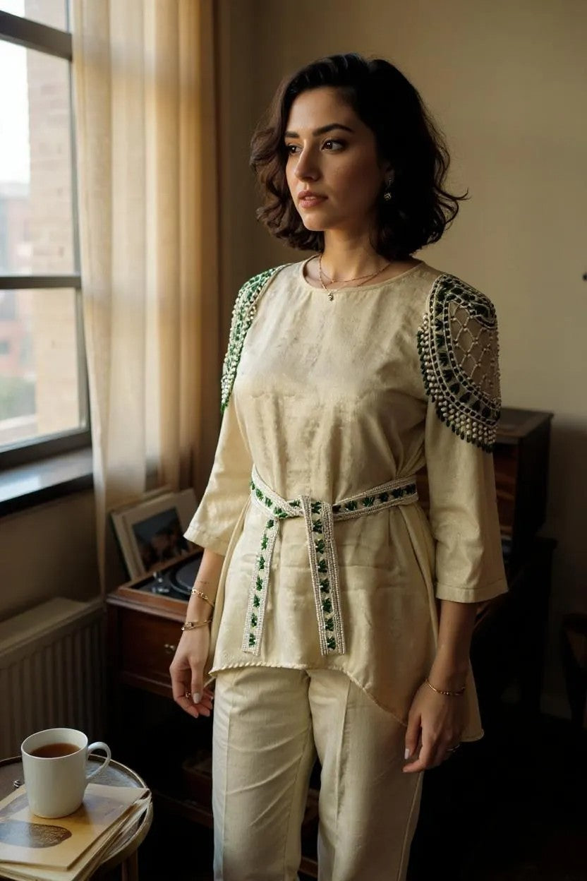Ivory Beaded Shoulder Top Set