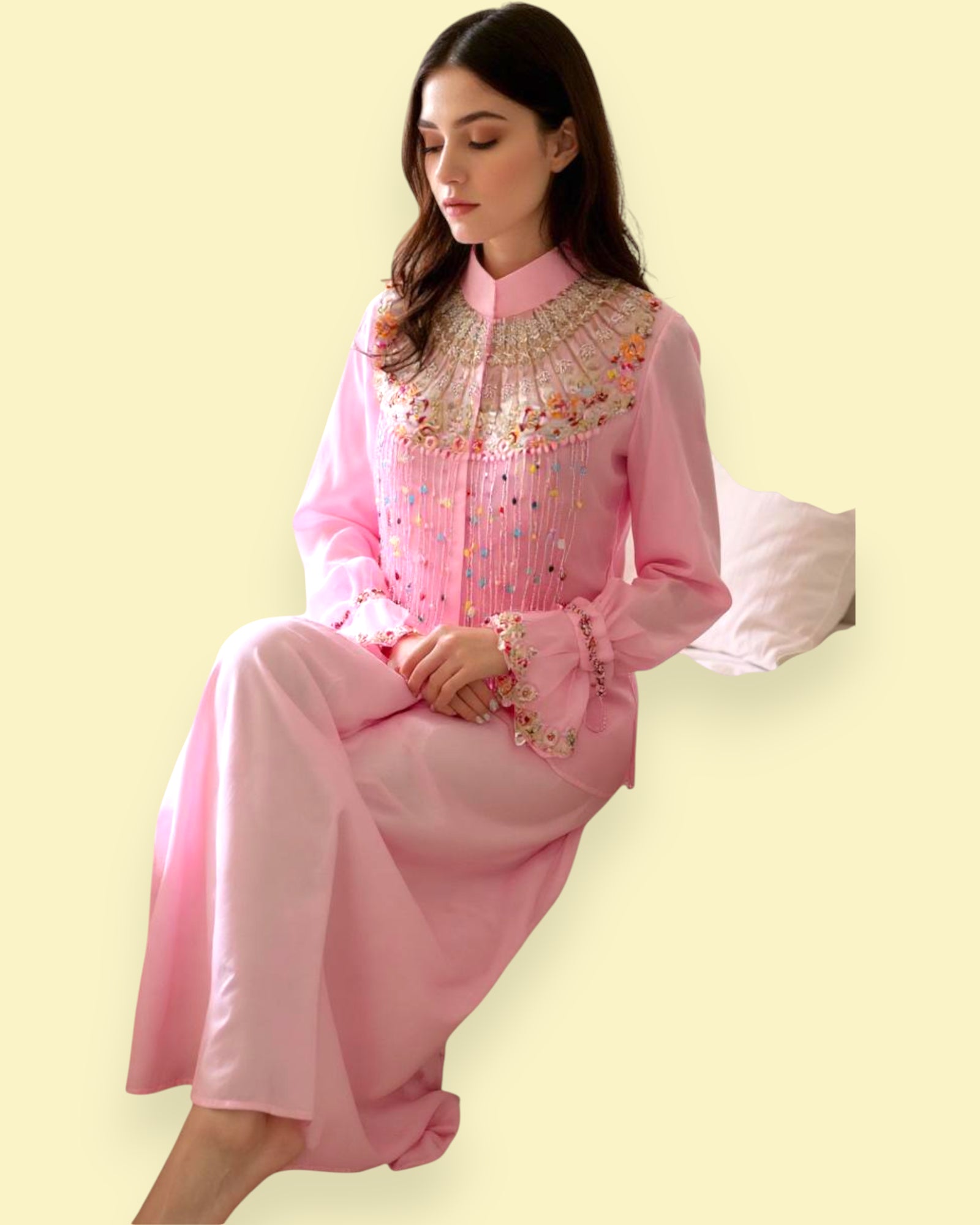 Woman wearing a pink traditional outfit with floral embroidery on a light yellow background