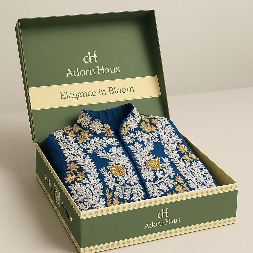 Embroidered garment in a green 'Adorn Haus' box on a beige background