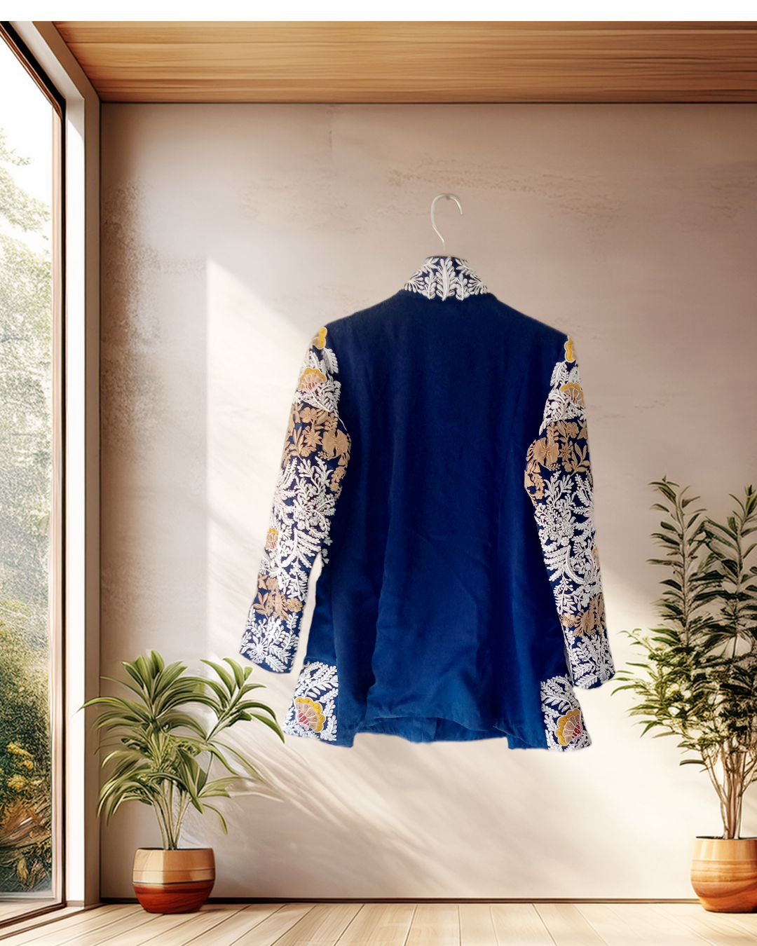 Royal Blue Embroidered Jacket & Drape Skirt Set