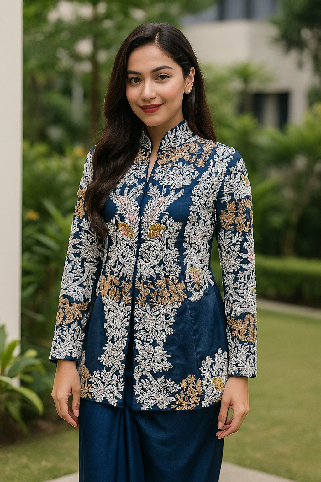 Royal Blue Embroidered Jacket & Drape Skirt Set