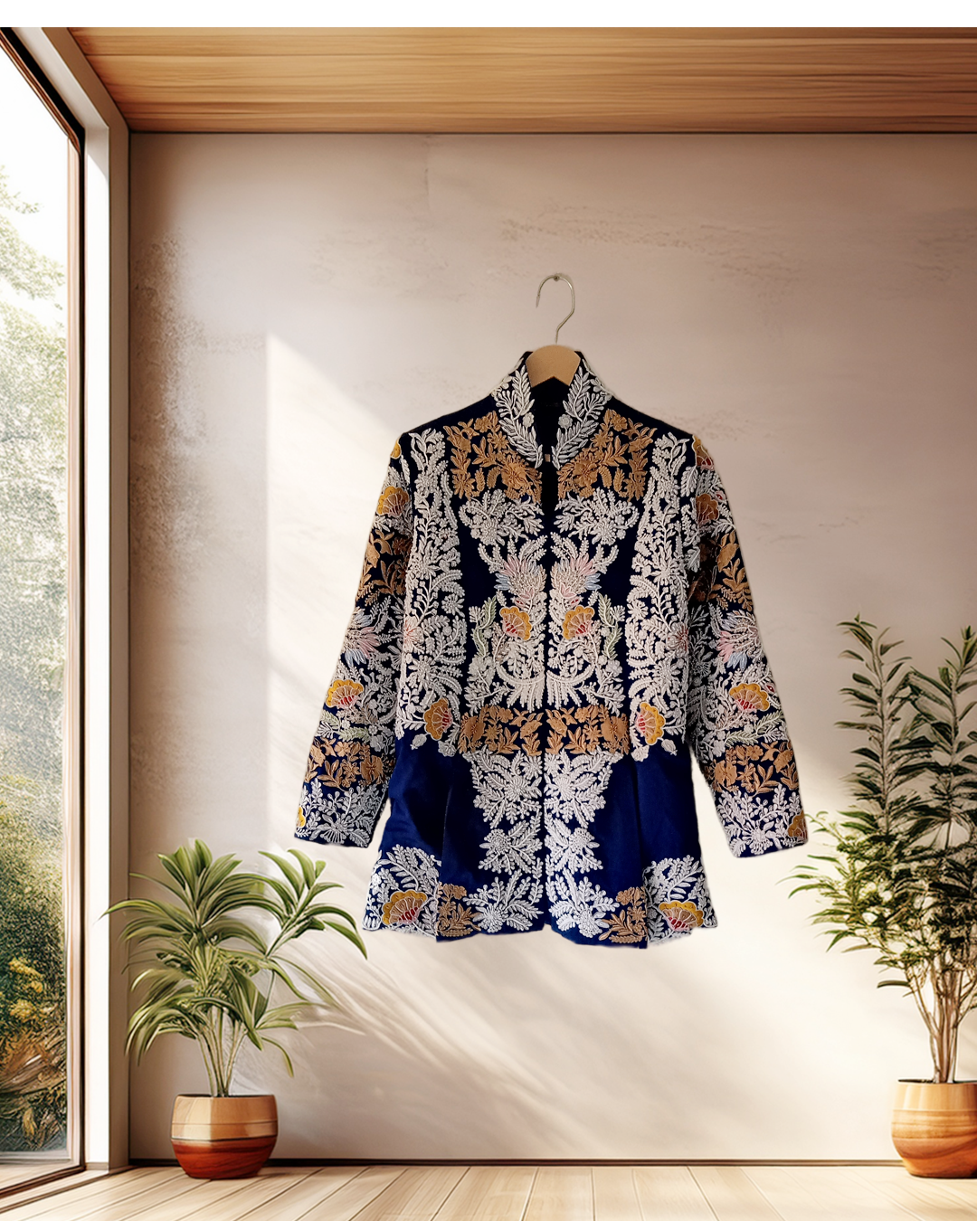 Royal Blue Embroidered Jacket & Drape Skirt Set