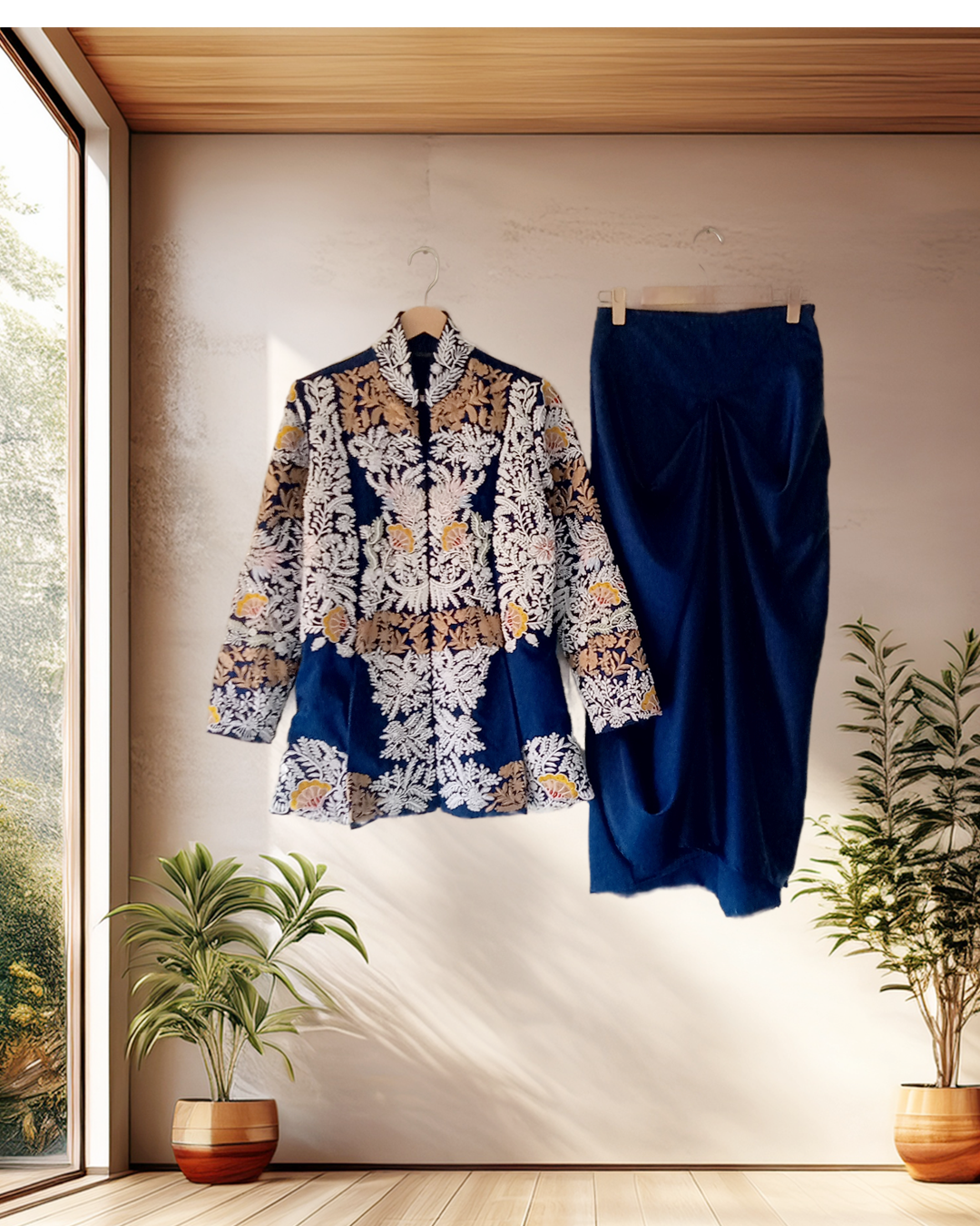 Royal Blue Embroidered Jacket & Drape Skirt Set