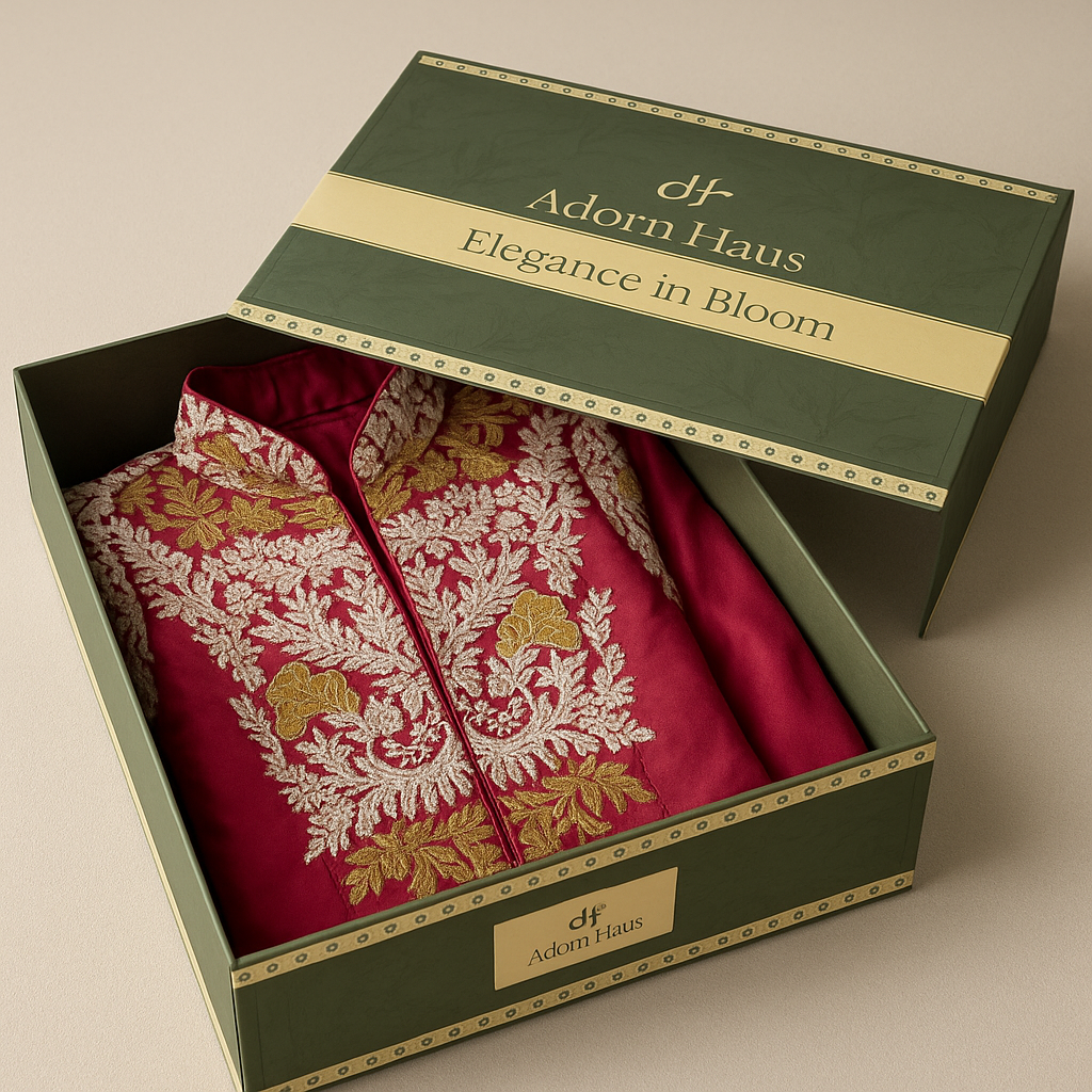 Red embroidered garment in a green box with 'Adorn Haus' branding.
