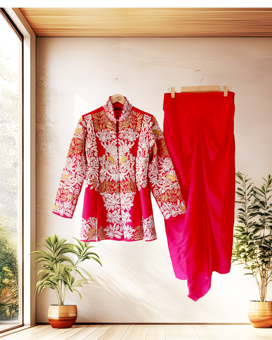 Royal Blue Embroidered Jacket & Drape Skirt Set