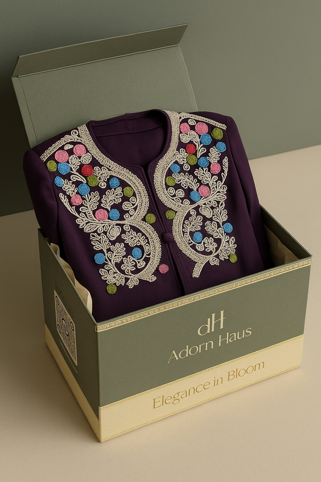 Decorative purple garment with colorful embellishments in a box labeled 'Adorn Haus'.