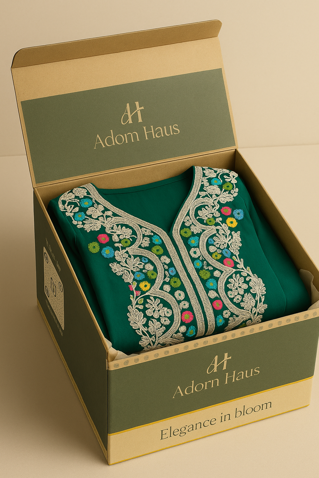 Teal Dress with floral embroidery in a 'Adorn Haus' box