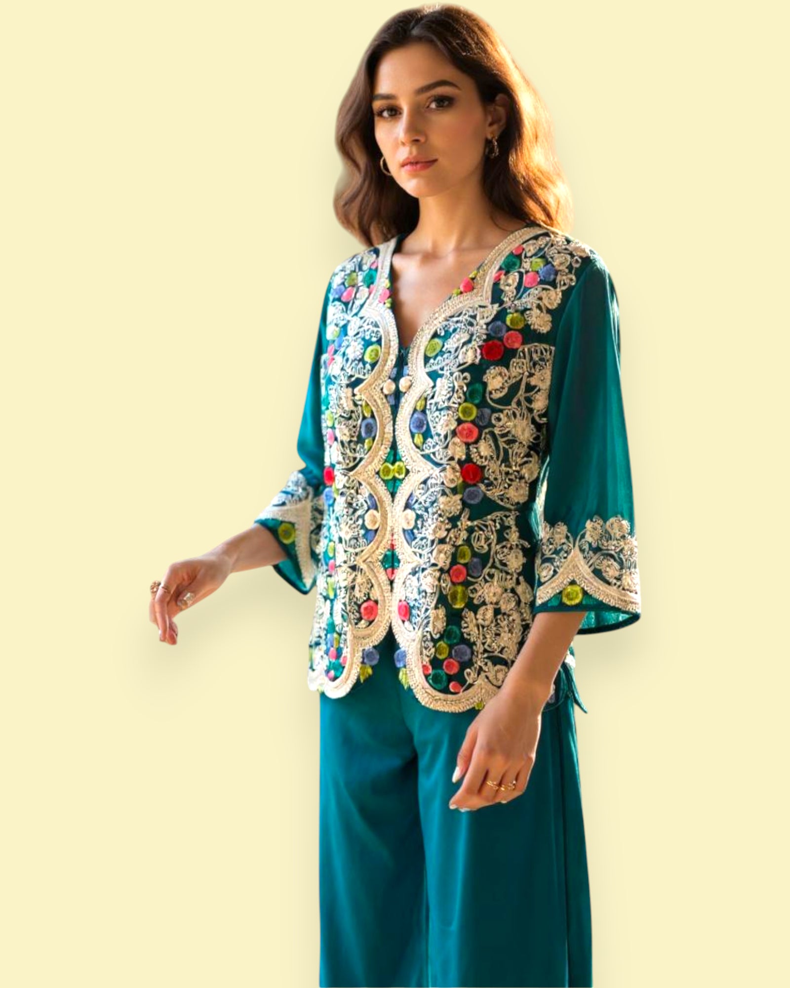 Woman wearing a teal outfit with colorful floral embroidery on a light yellow background