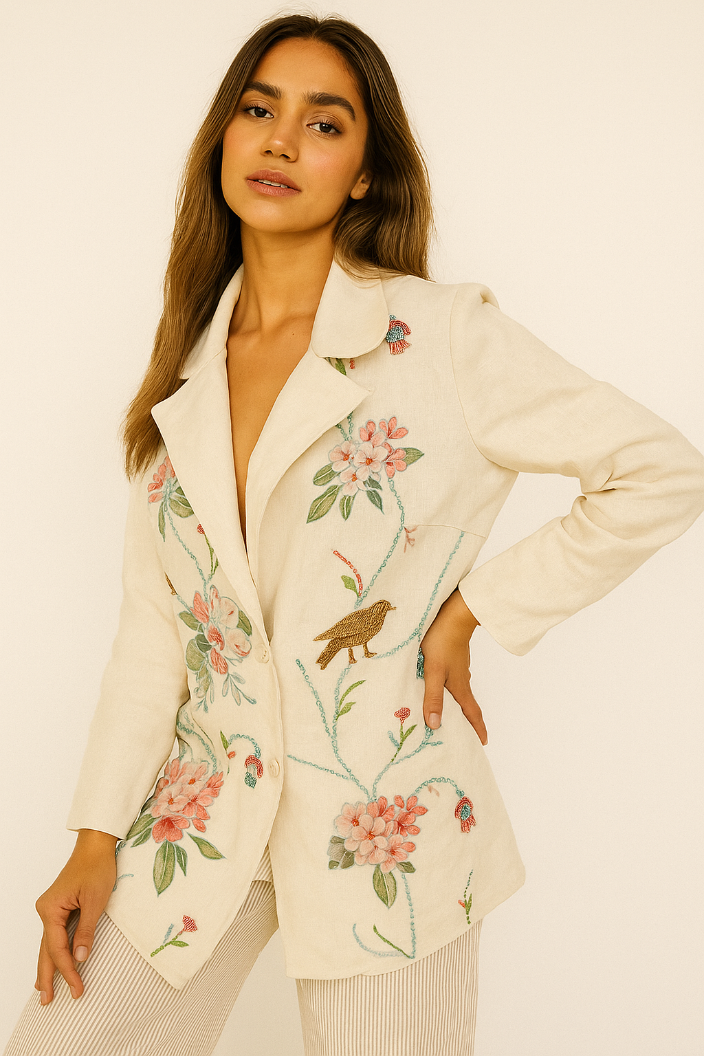 Ivory Birdsong Embroidered Linen Jacket