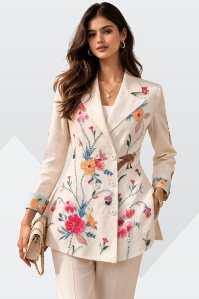 Woman wearing a beige blazer with colorful floral embroidery on a light gray background